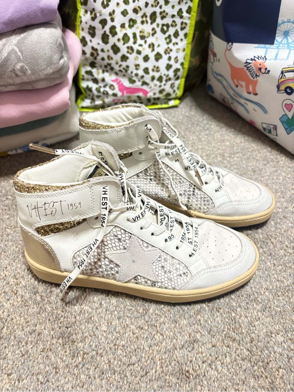 Vintage Havana White and Gold High-Top Sneakers
